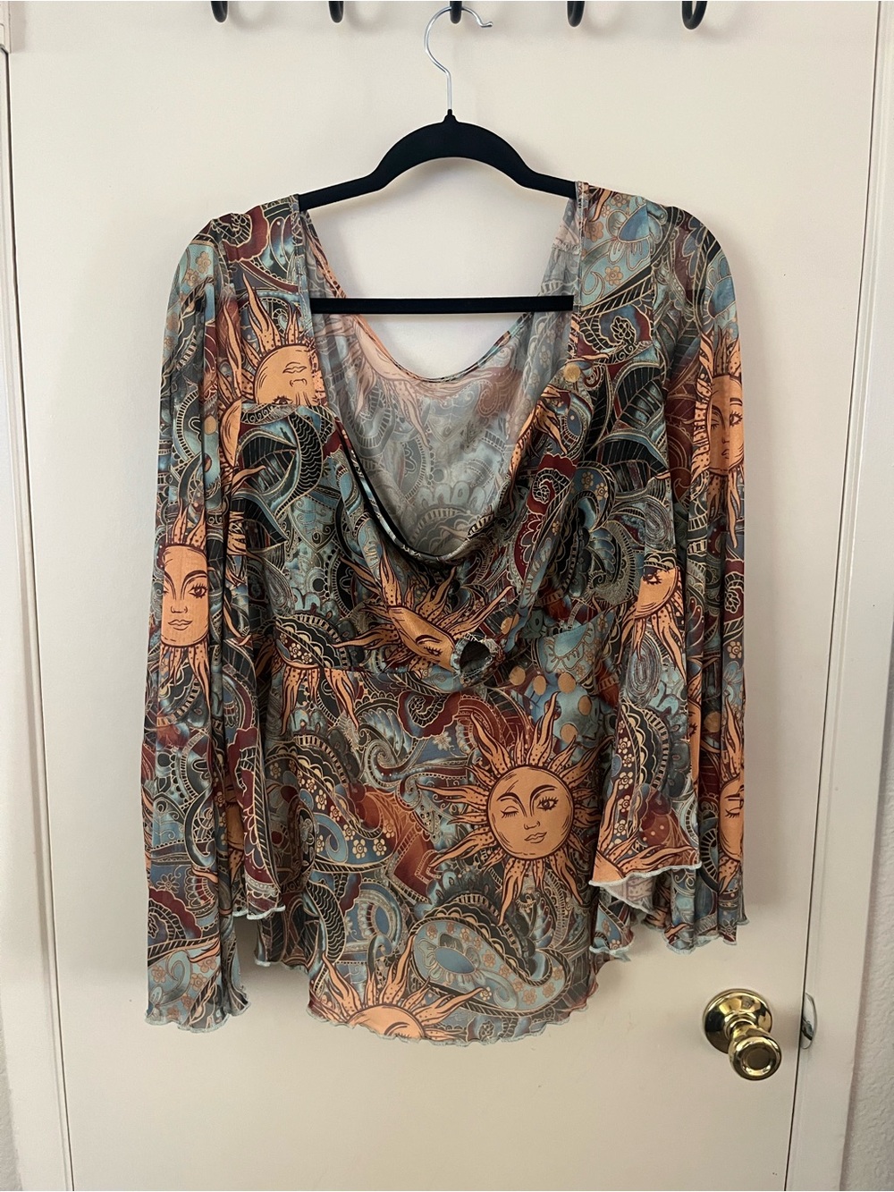SHEIN Multi-Color Boho Sun Print Draped Cowl Neck Blouse